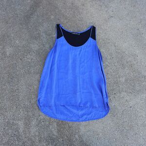 Trouvé 100% Silk Hi-Low Tank Top Women’s Small Royal Blue Black Contrast Yoke